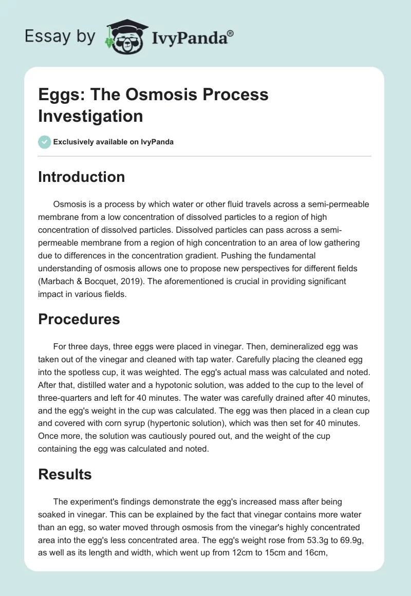 Eggs The Osmosis Process Investigation 421 Words Essay Example