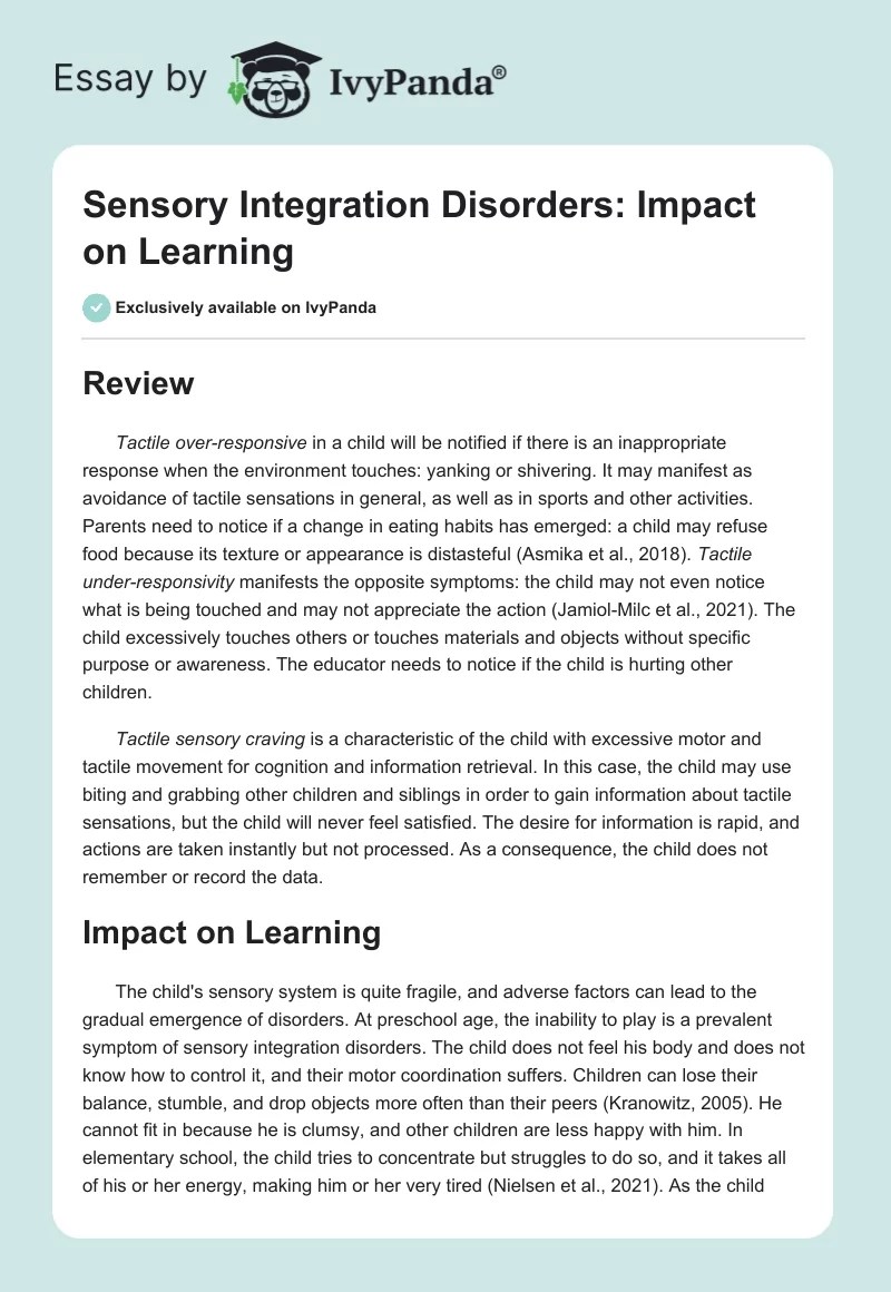 Sensory Integration Disorders Impact on Learning 348 Words Essay Example