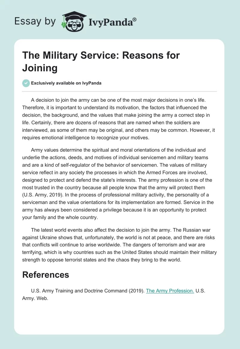 The Military Service Reasons for Joining 282 Words Essay Example