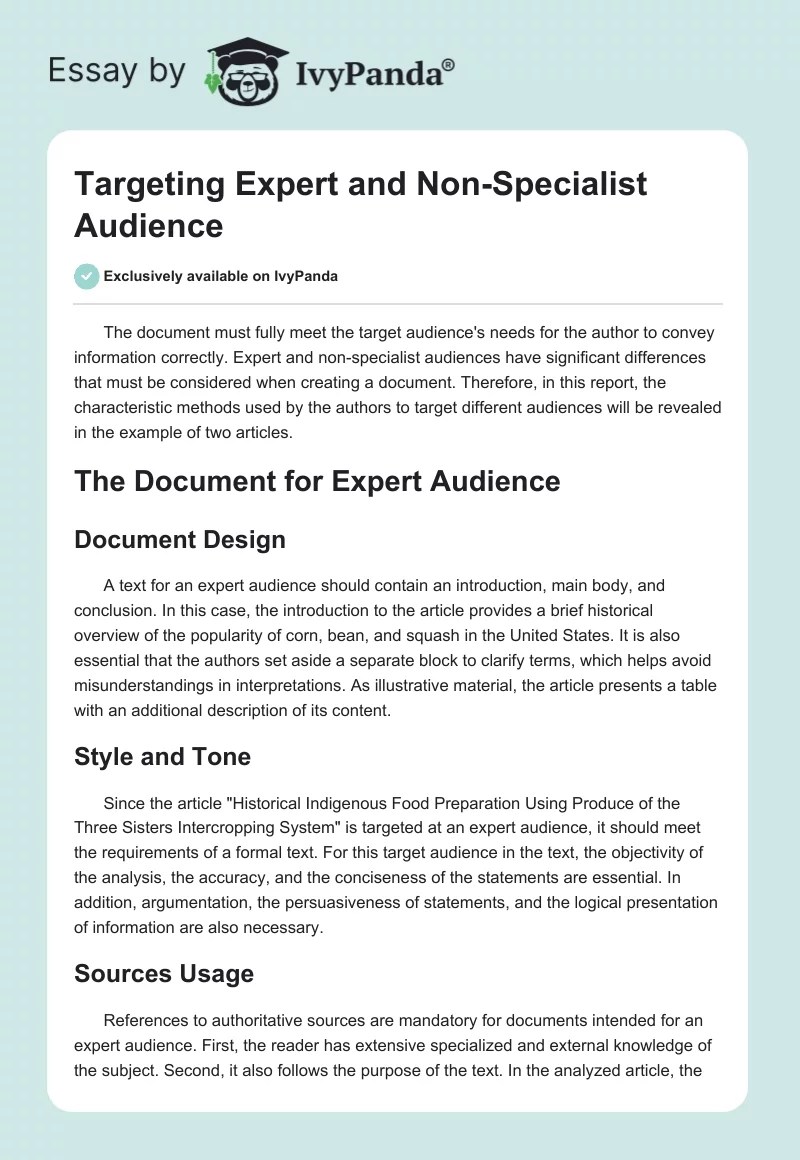 Targeting Expert and NonSpecialist Audience 592 Words Report Example