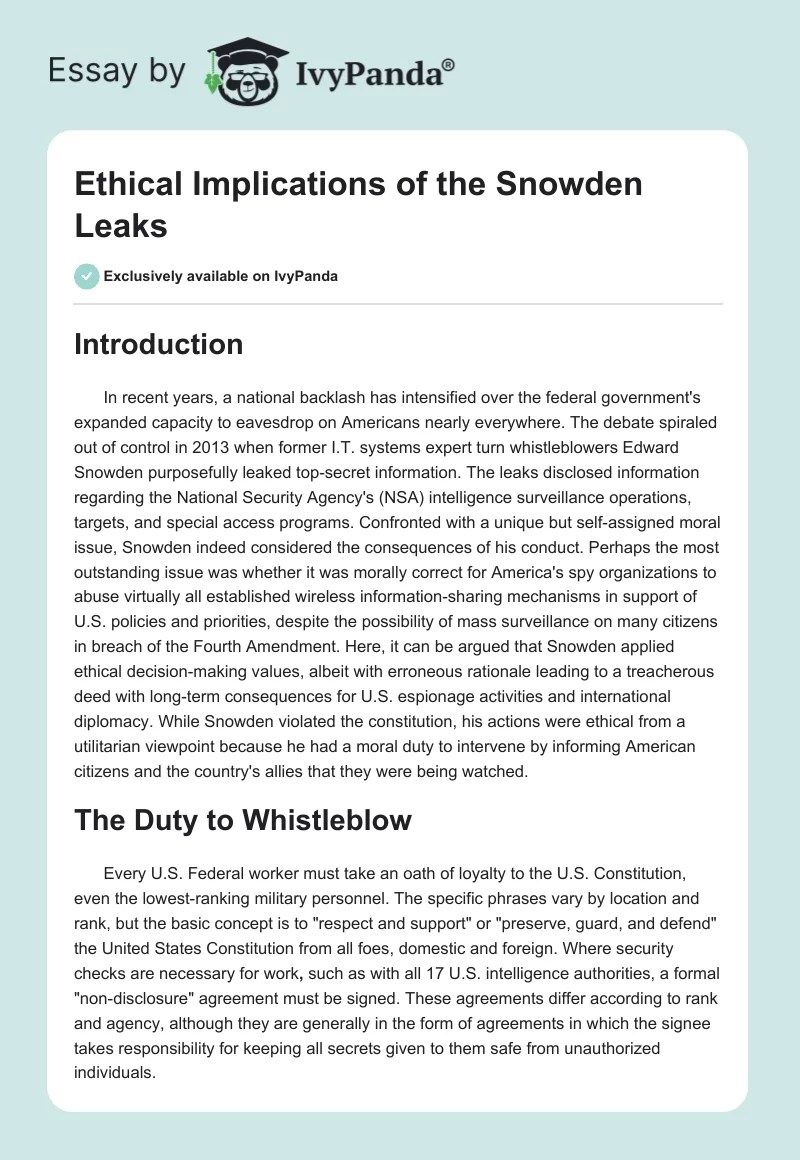 Ethical Implications of the Snowden Leaks 3585 Words Research Paper(04)