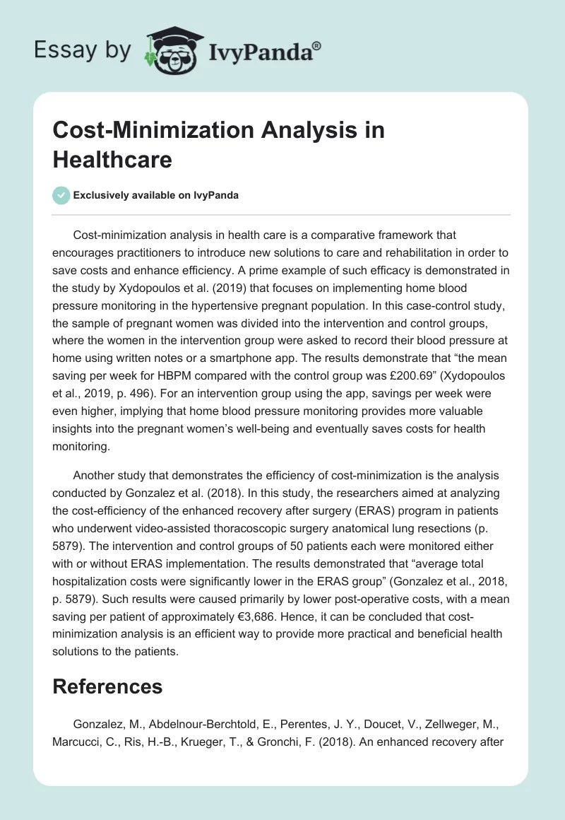 CostMinimization Analysis in Healthcare 282 Words Essay Example