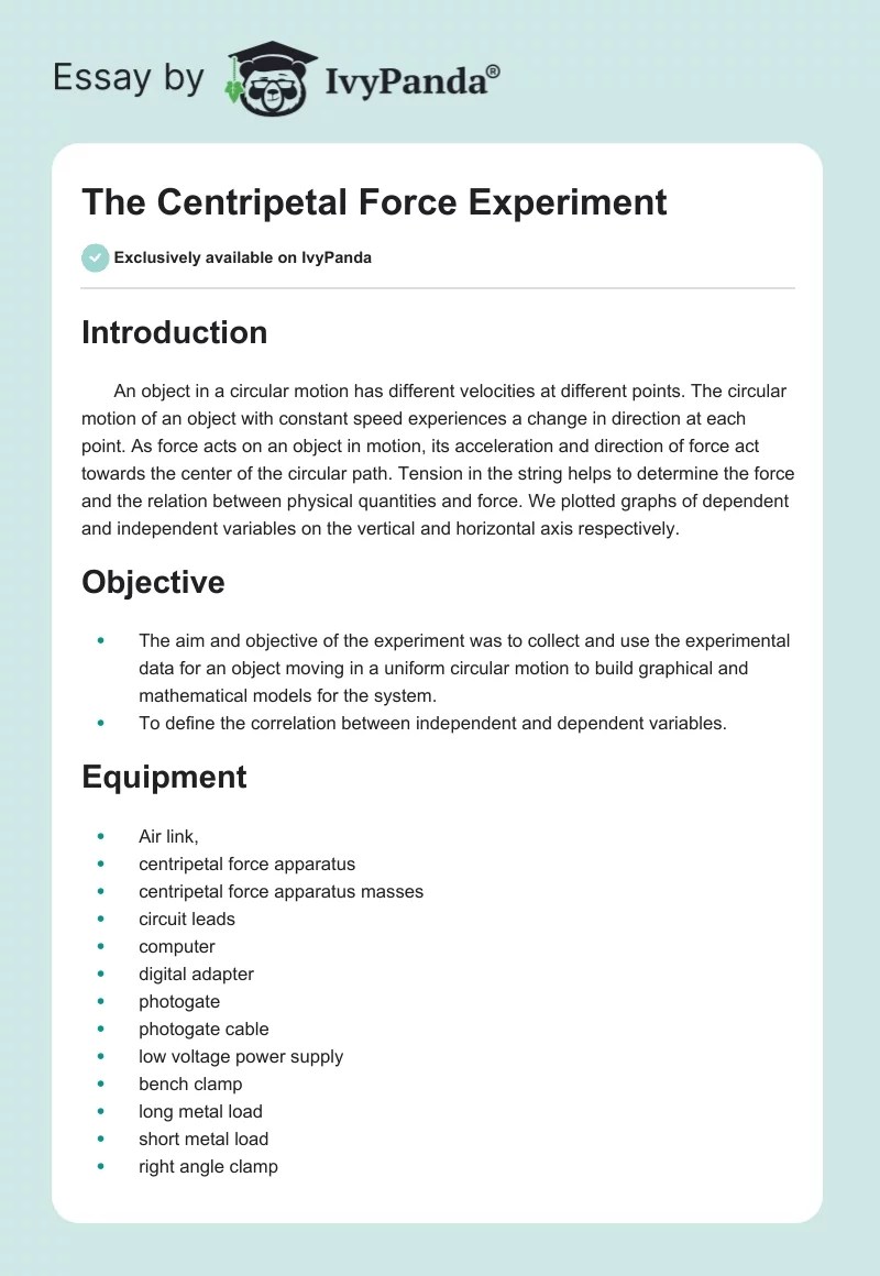 The Centripetal Force Experiment 866 Words Report Example