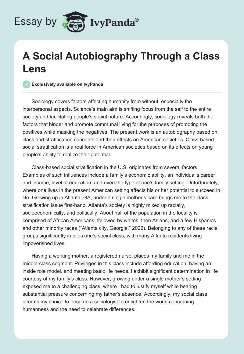 A Social Autobiography Through a Class Lens 316 Words Essay Example