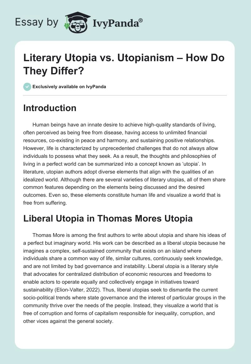 Literary Utopia & Utopianism How Do They Differ? 1478 Words Essay Example