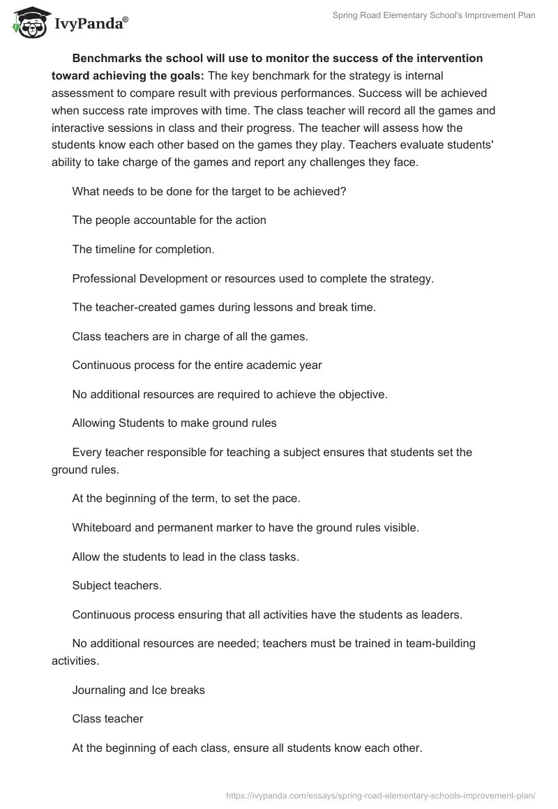 Spring Road Elementary School's Improvement Plan 2853 Words Essay