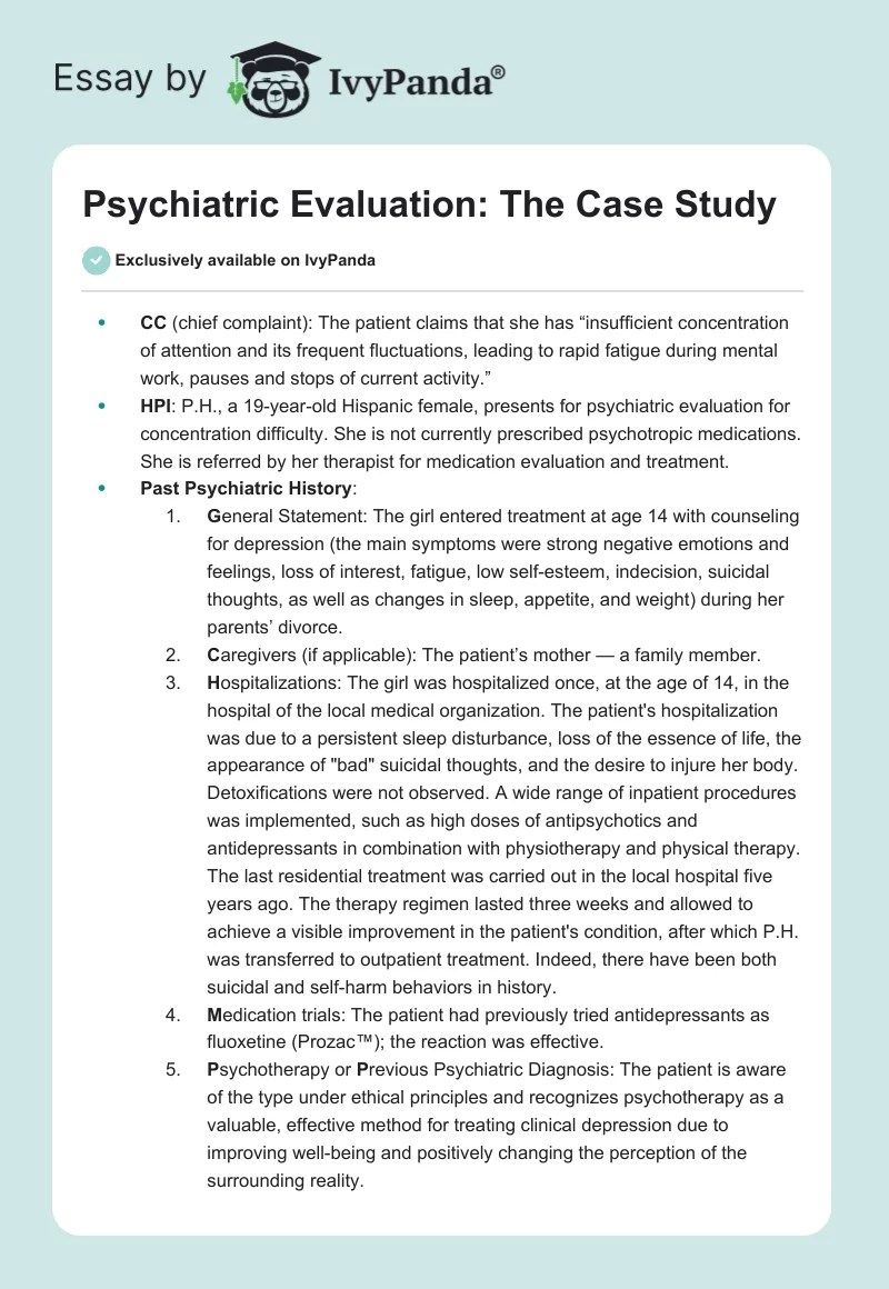 Psychiatric Evaluation The Case Study 1171 Words Essay Example