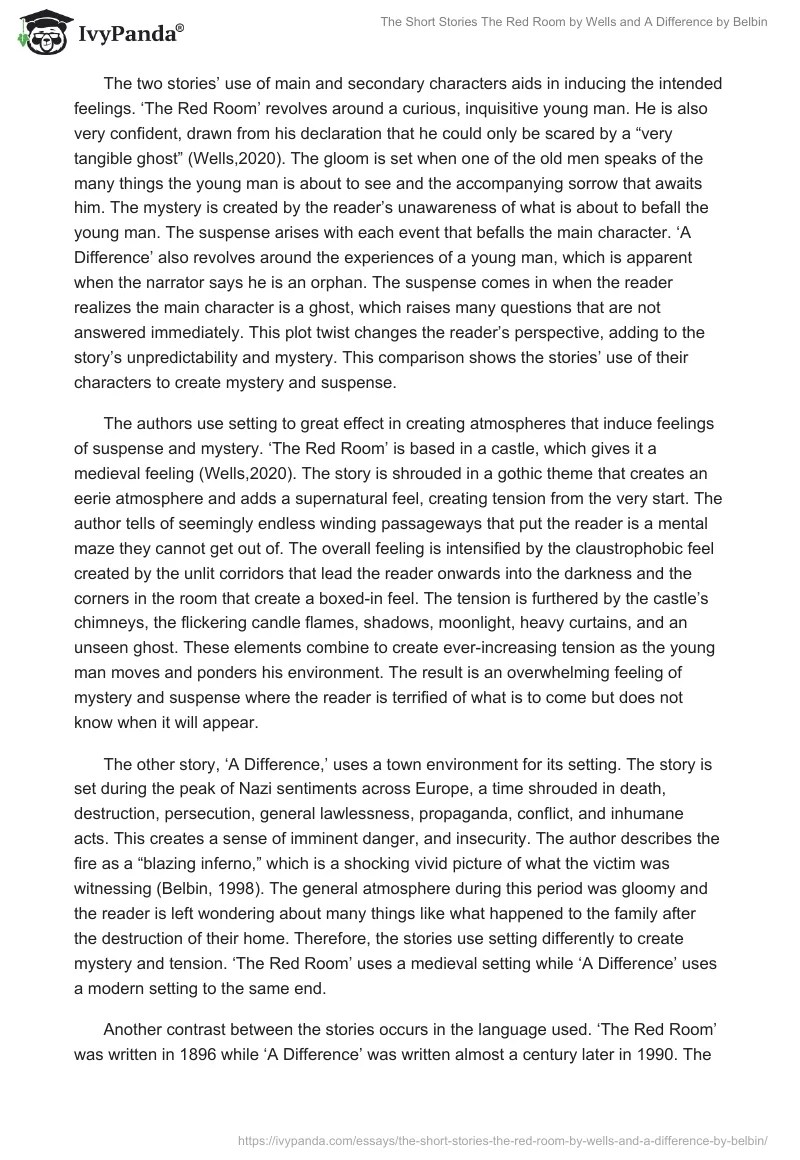 The Short Stories "The Red Room" by Wells and "A Difference" by Belbin