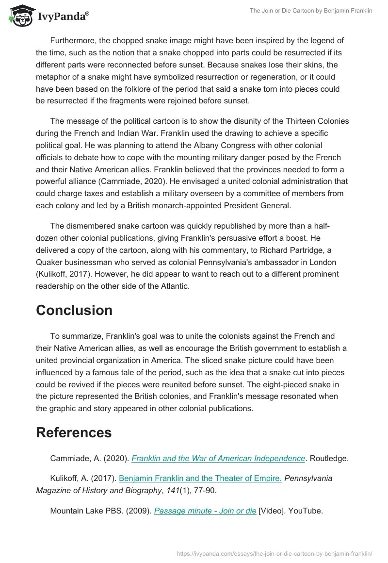 The "Join or Die" Cartoon by Benjamin Franklin 648 Words Essay Example