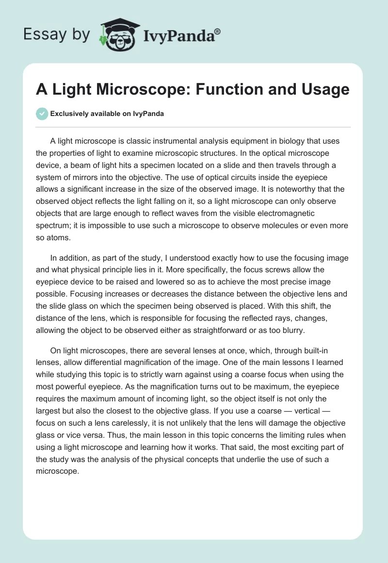 A Light Microscope Function and Usage 366 Words Essay Example