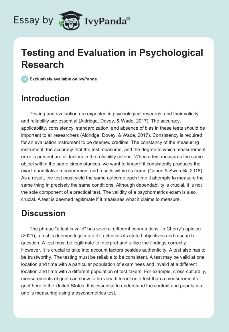 Testing and Evaluation in Psychological Research 501 Words Essay