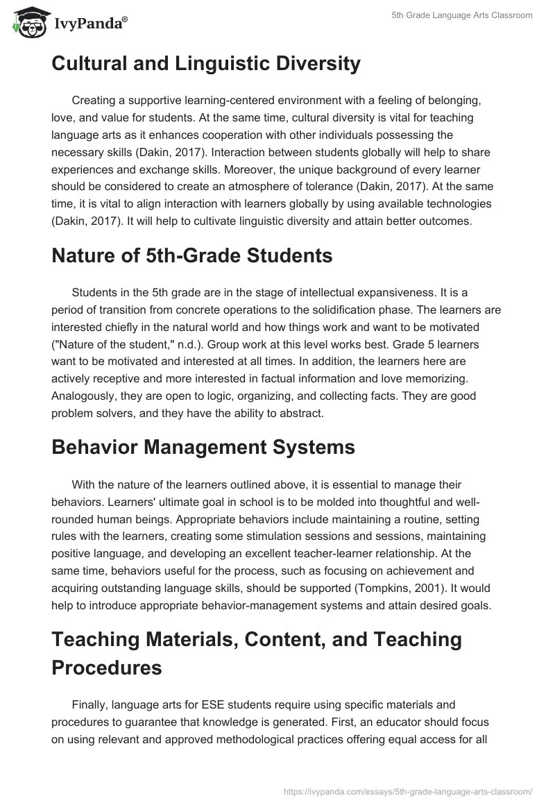 5th Grade Language Arts Classroom 1185 Words Essay Example