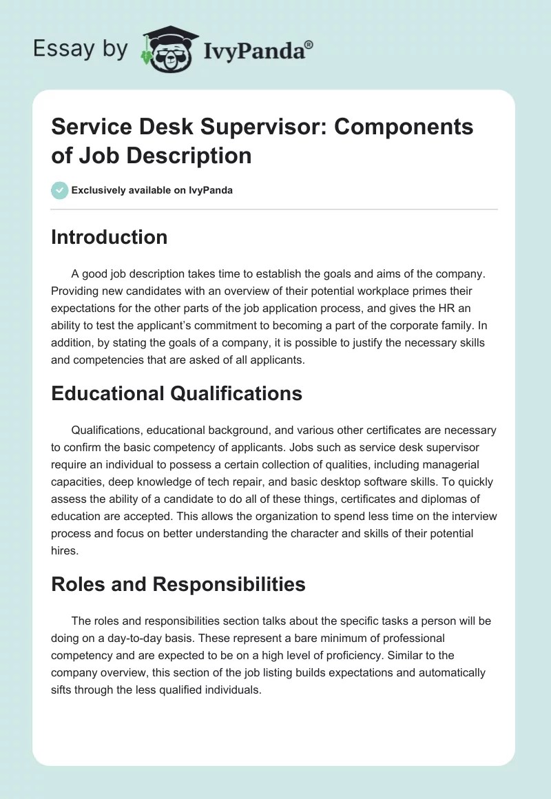Service Desk Supervisor Components of Job Description 536 Words