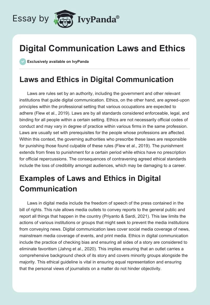 Digital Communication Laws and Ethics 603 Words Essay Example