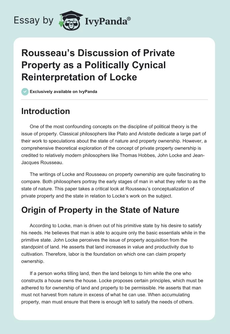 Rousseau's Discussion of Private Property as a Politically Cynical Reinterpretation of Locke