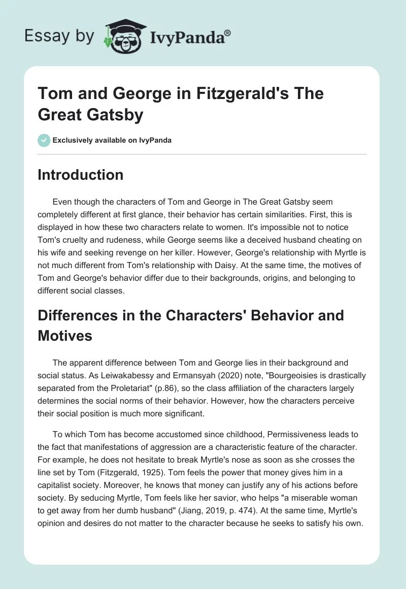 Tom and in Fitzgerald's The Great Gatsby 670 Words Essay Example