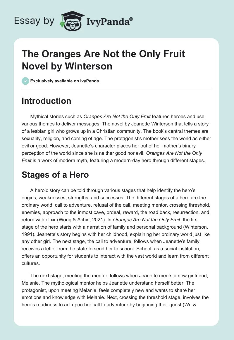 "Oranges Are Not the Only Fruit" by Winterson 616 Words Essay Example