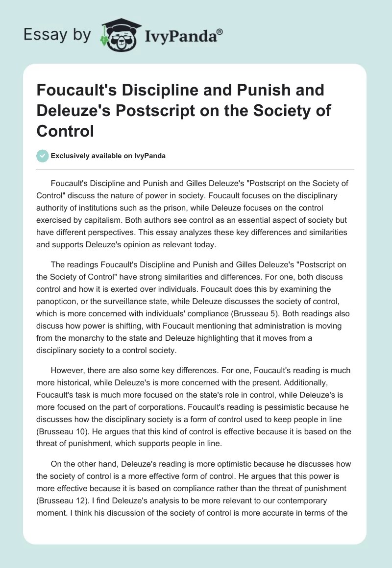 Foucault's and Deleuze's Works on Power in Society 407 Words Essay