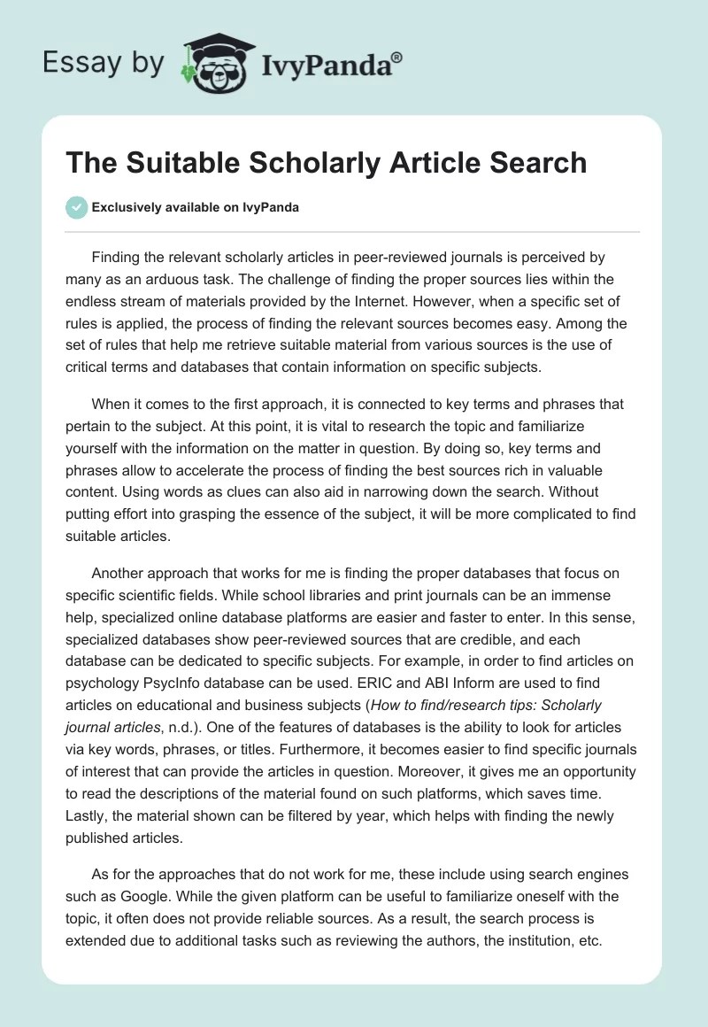 The Suitable Scholarly Article Search 550 Words Essay Example
