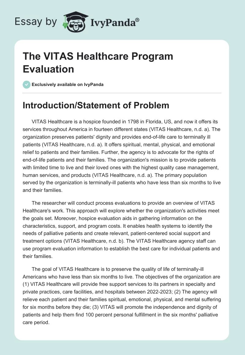 The VITAS Healthcare Program Evaluation 767 Words Proposal Example