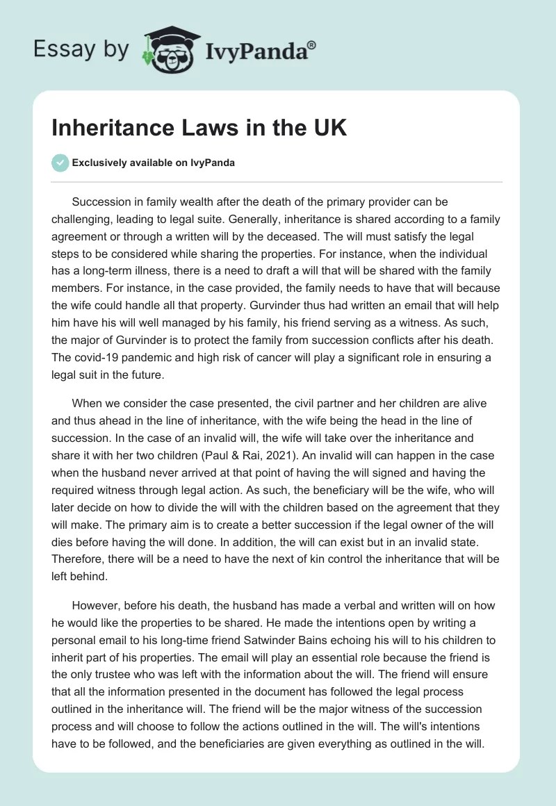Inheritance Laws in the UK 1727 Words Coursework Example