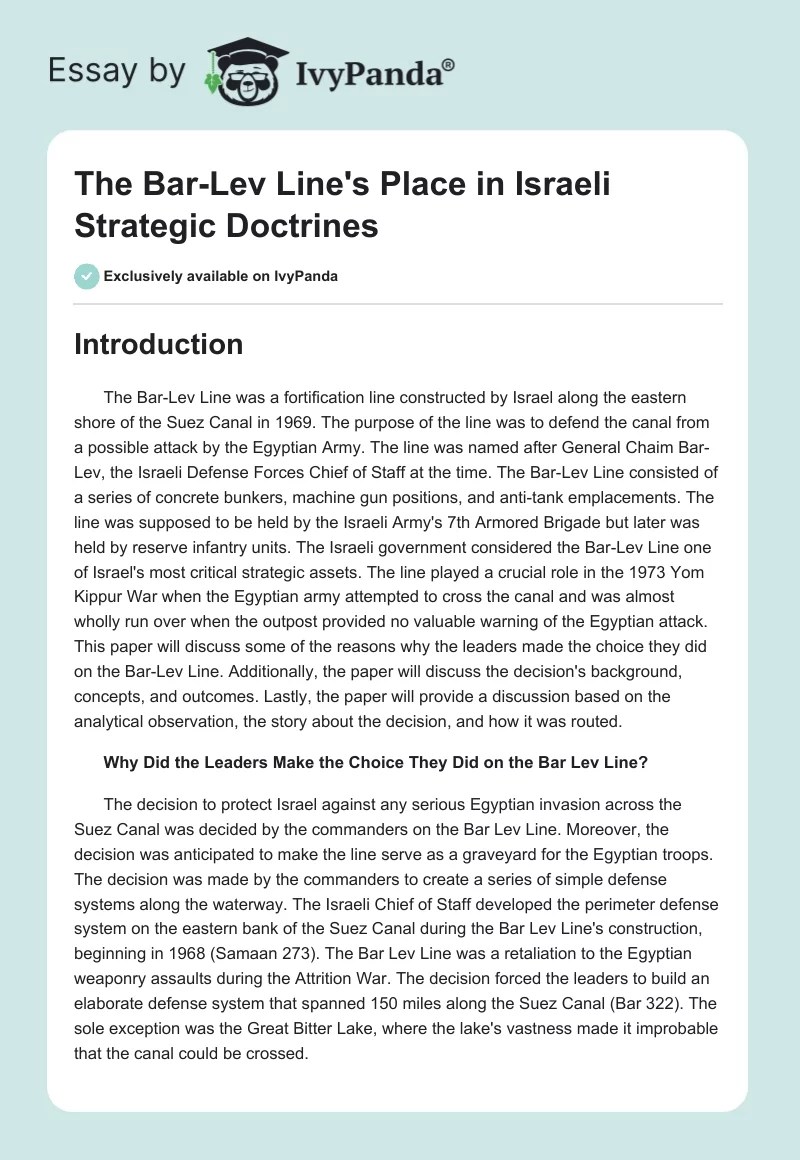 The BarLev Line in Israeli Strategic Doctrines 2841 Words Term