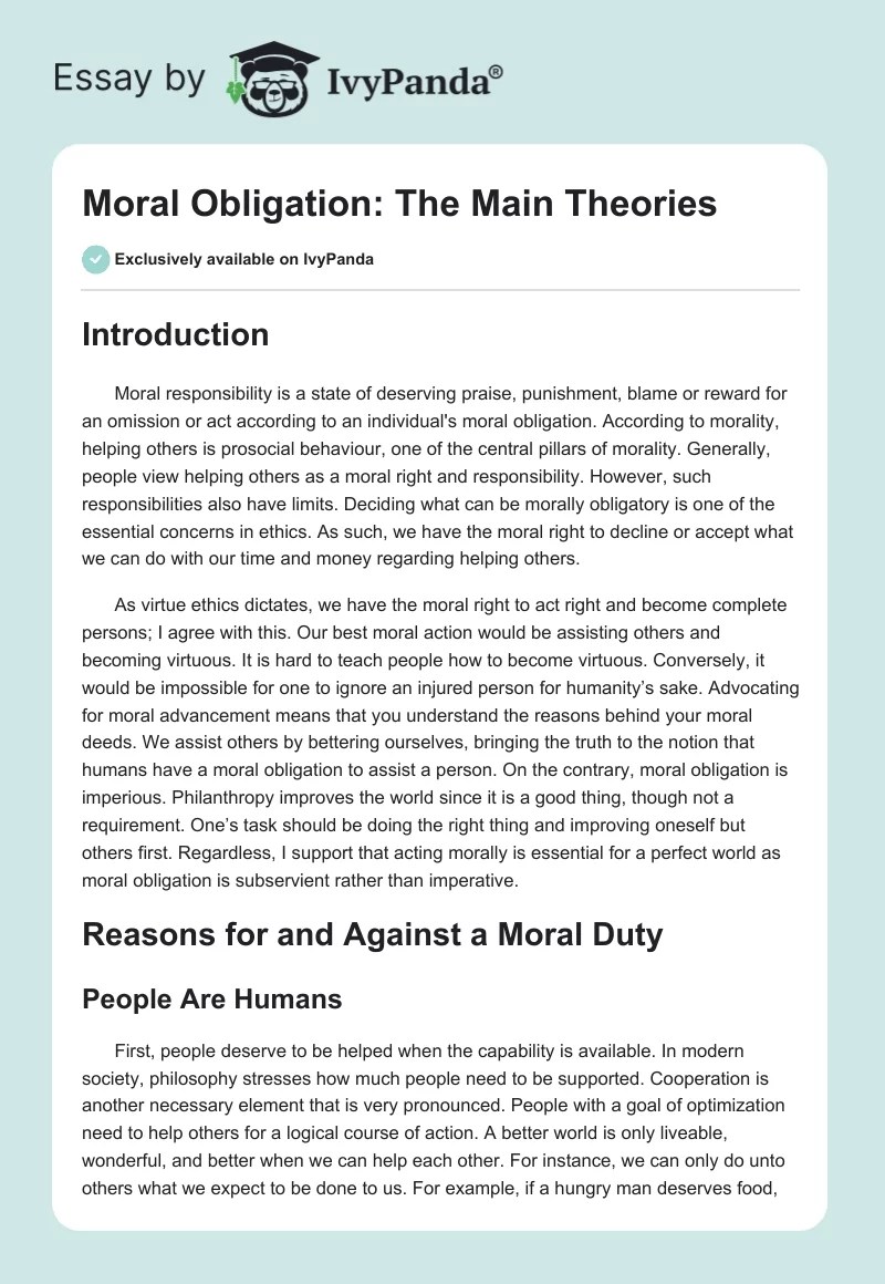 Moral Obligation The Main Theories 1205 Words Essay Example
