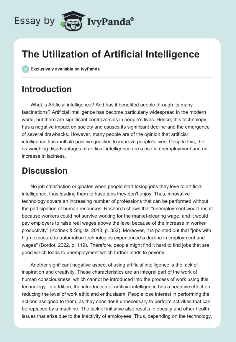 The Utilization of Artificial Intelligence 562 Words Essay Example
