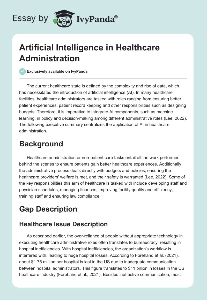Artificial Intelligence in Health Administration 649 Words Essay