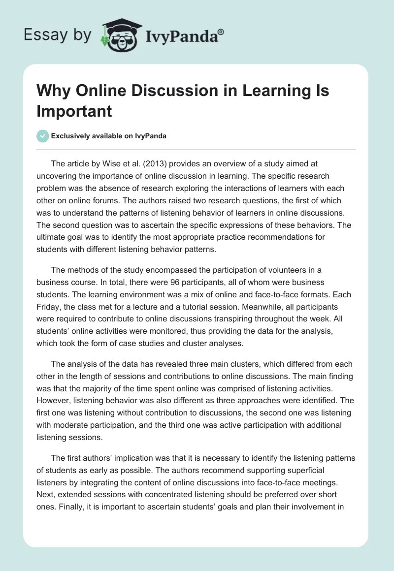 Why Online Discussion in Learning Is Important 343 Words Essay Example