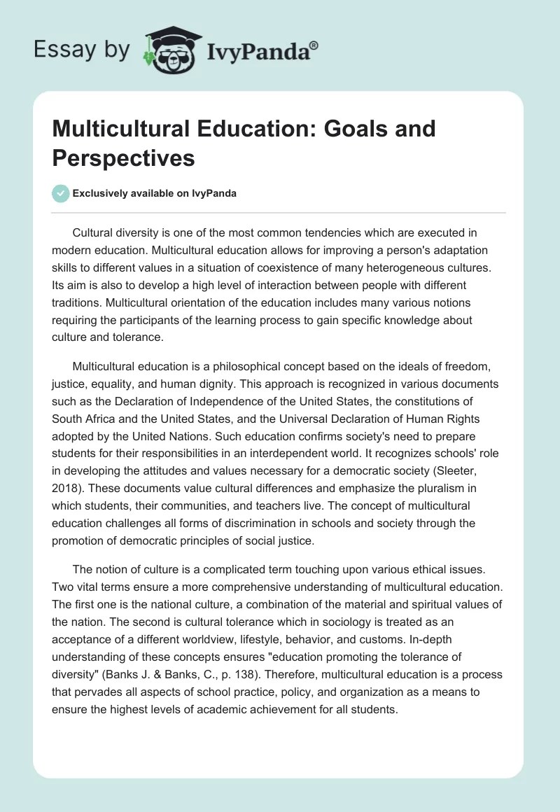 Multicultural Education Goals and Perspectives 315 Words Essay Example