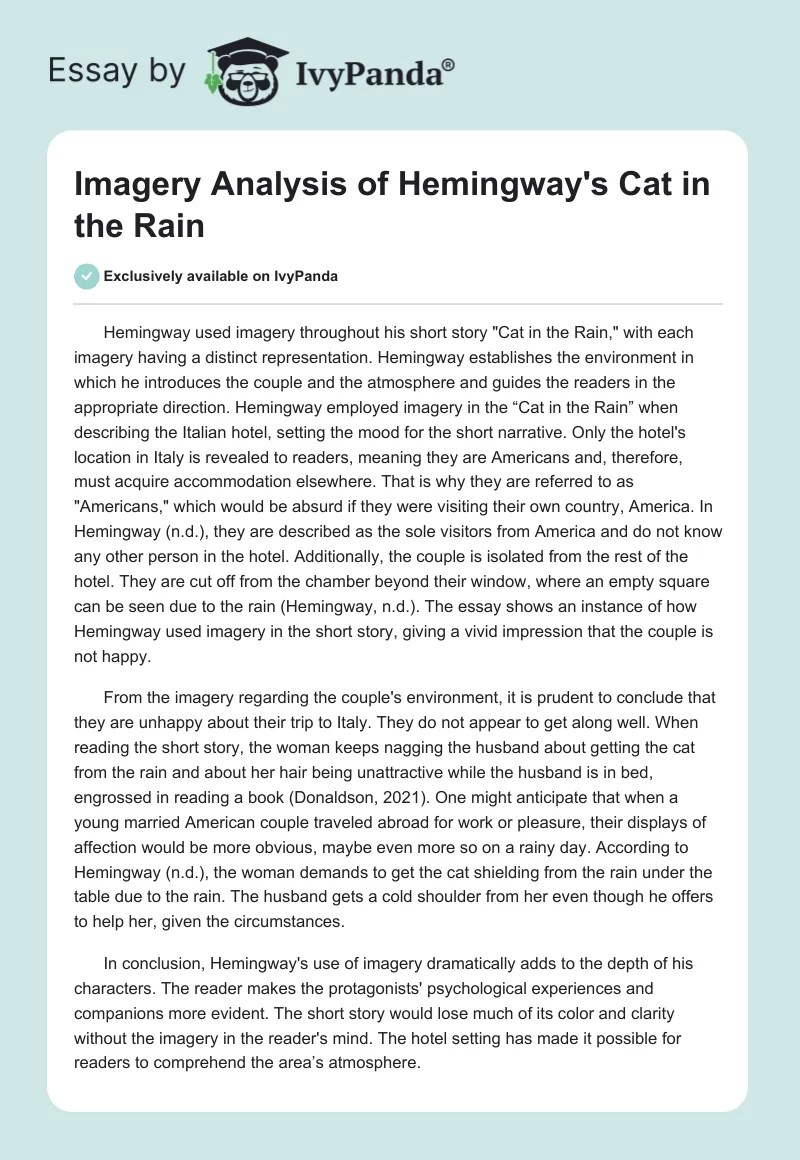 Imagery Analysis of Hemingway's "Cat in the Rain" 376 Words Essay