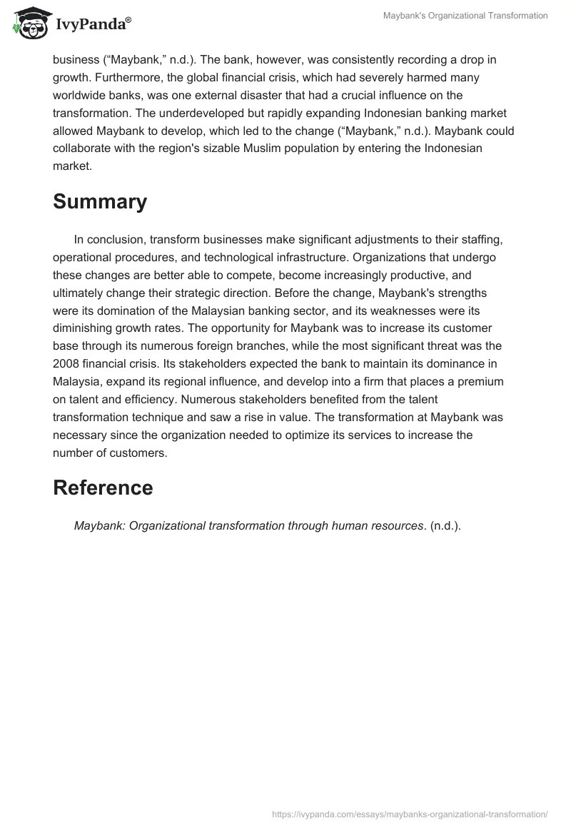 Maybank's Organizational Transformation 834 Words Case Study Example