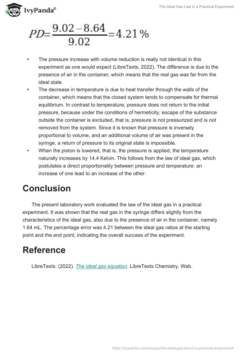 The Ideal Gas Law in a Practical Experiment 755 Words Report Example