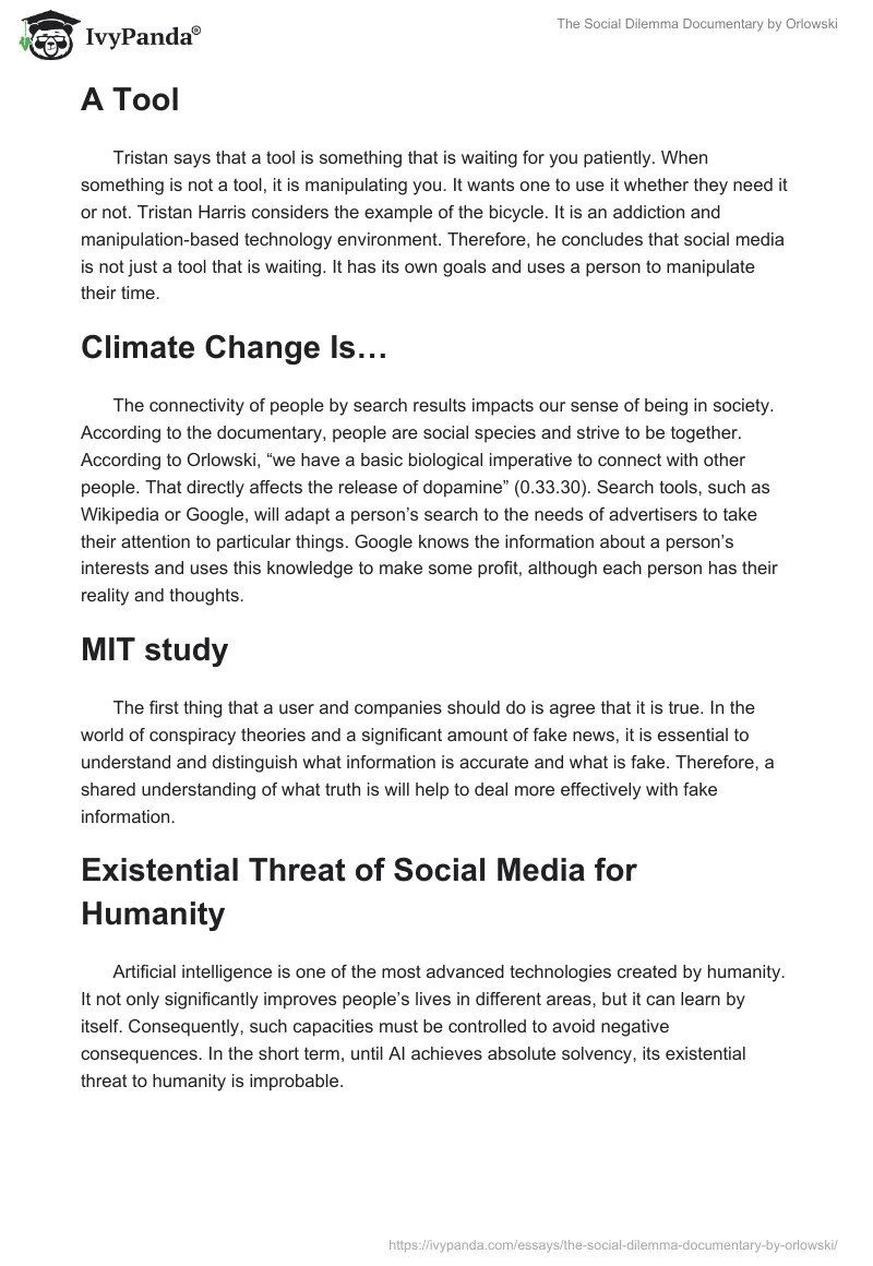 "The Social Dilemma" Documentary by Orlowski 689 Words Essay Example