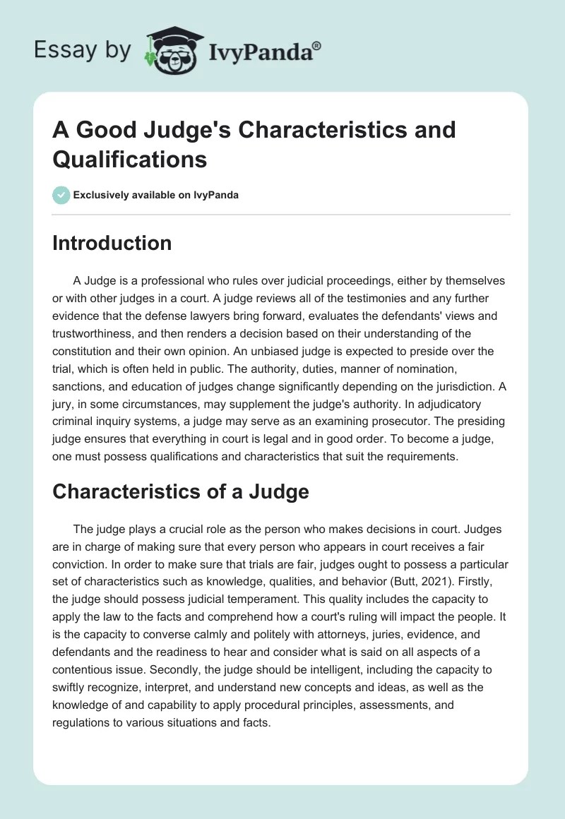 A Good Judge's Characteristics and Qualifications 917 Words Essay