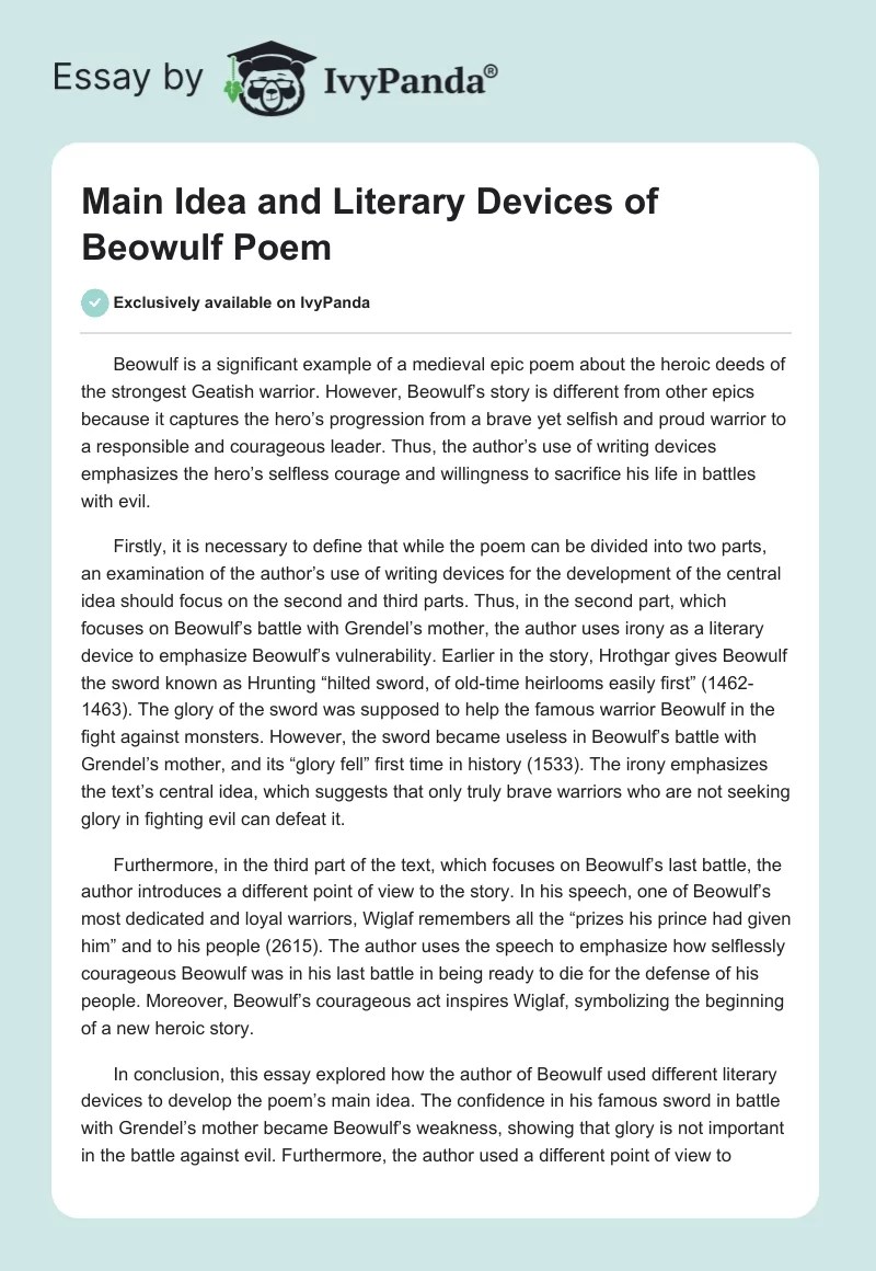 Main Idea and Literary Devices of Beowulf Poem 392 Words Essay Example