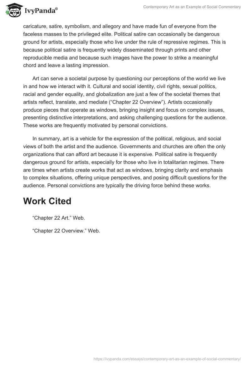 Contemporary Art as Example of Social Commentary 619 Words Essay