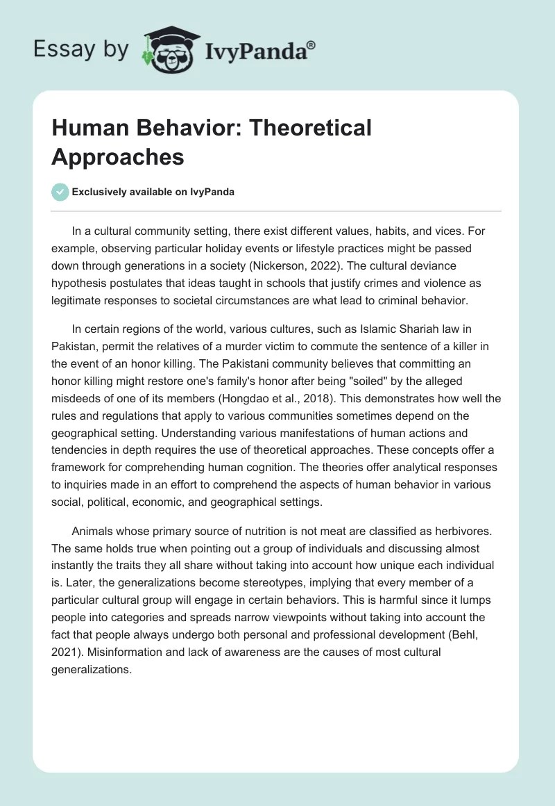 Human Behavior Theoretical Approaches 298 Words Research Paper Example