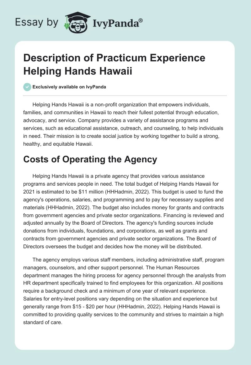 Description of Practicum Experience Helping Hands Hawaii 939 Words