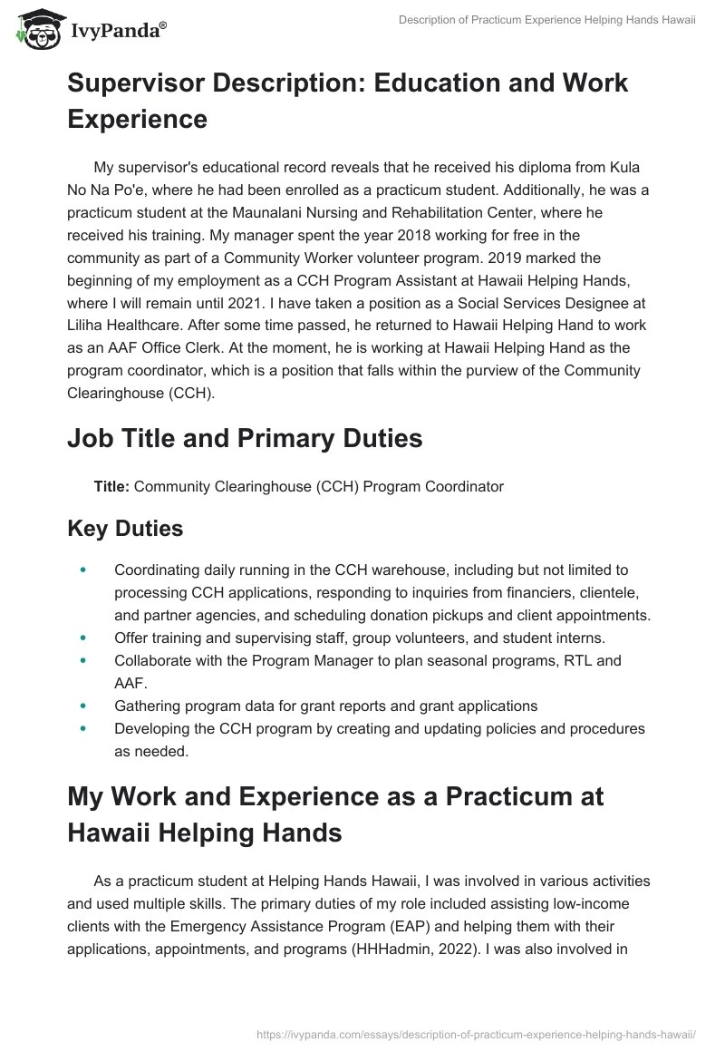 Description of Practicum Experience Helping Hands Hawaii 939 Words