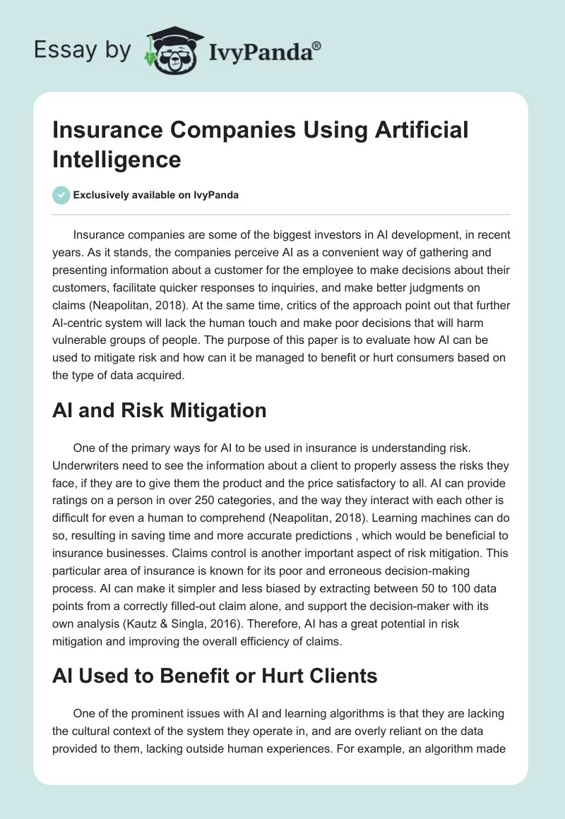 Insurance Companies Using Artificial Intelligence 604 Words