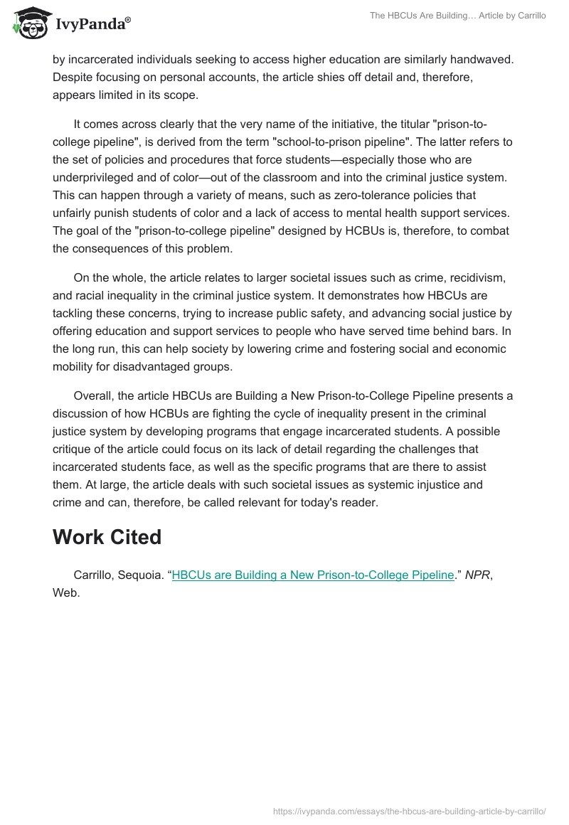 The "HBCUs Are Building…" Article by Carrillo 616 Words Essay Example