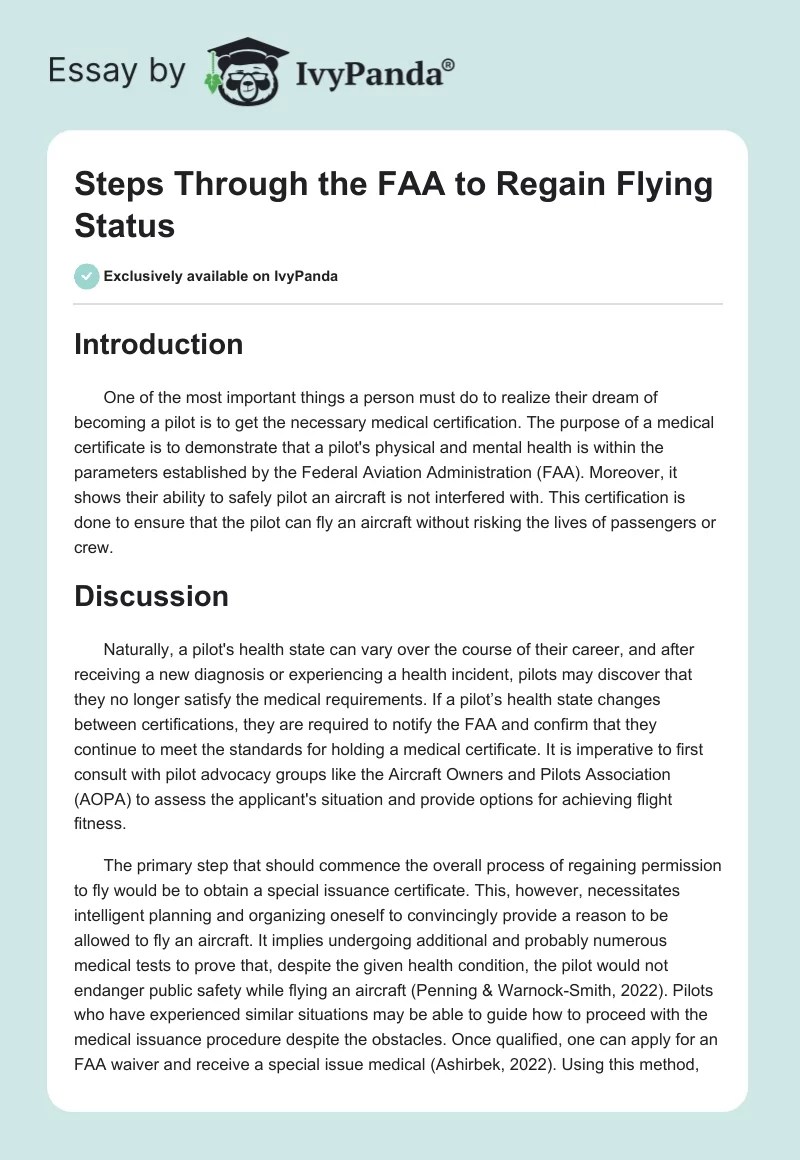 Steps Through the FAA to Regain Flying Status 560 Words Essay Example