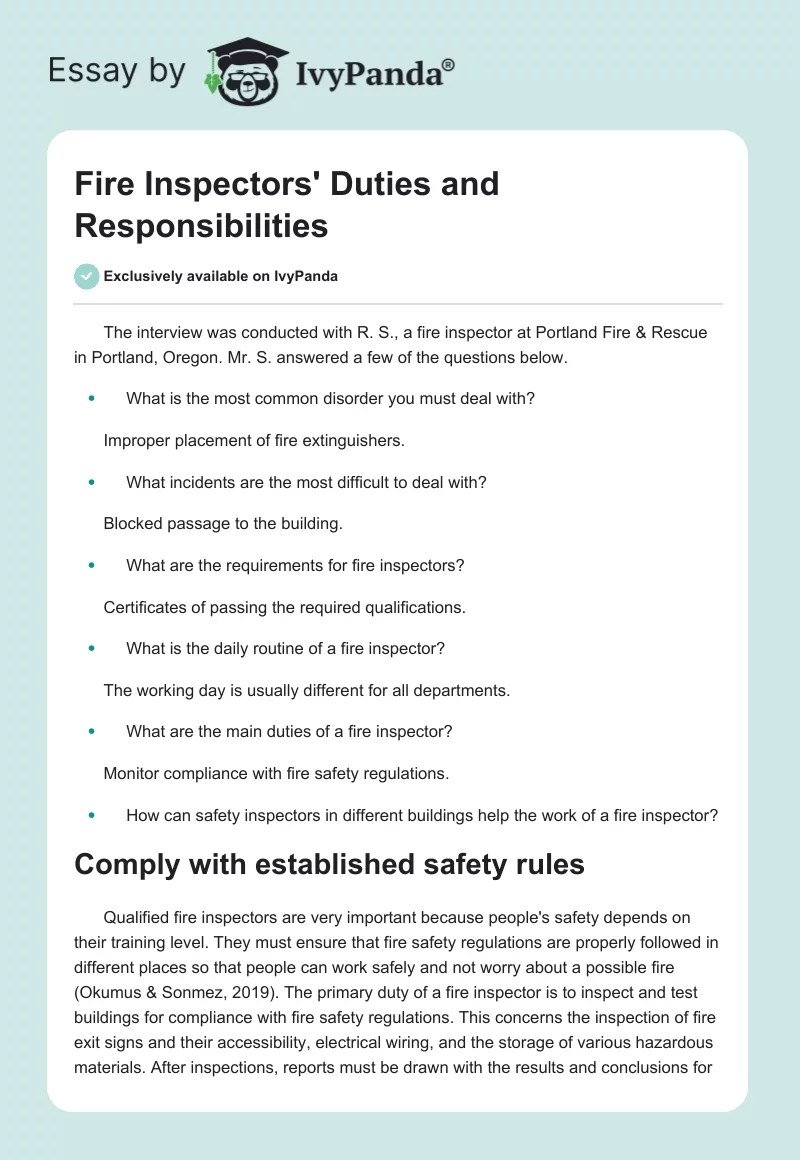Fire Inspectors' Duties and Responsibilities 641 Words Essay Example