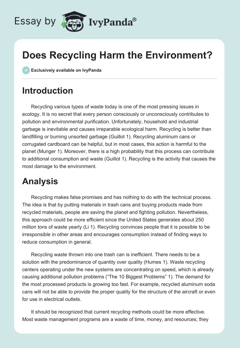 Does Recycling Harm the Environment? 674 Words Essay Example