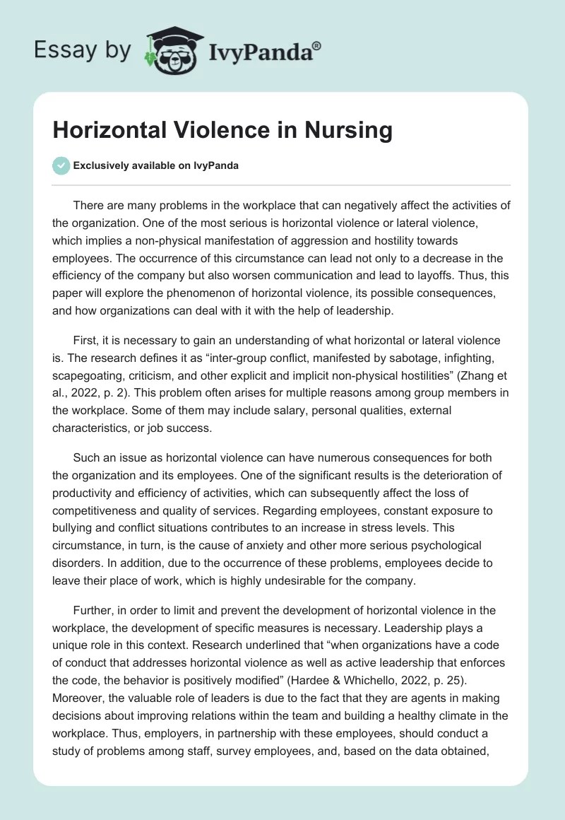 Horizontal Violence in Nursing 500 Words Research Paper Example
