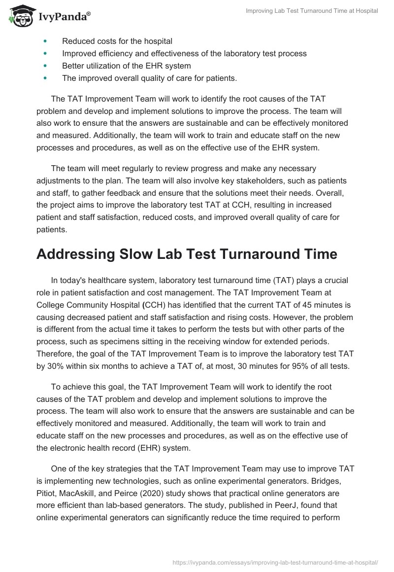 Improving Lab Test Turnaround Time at Hospital 831 Words Essay Example
