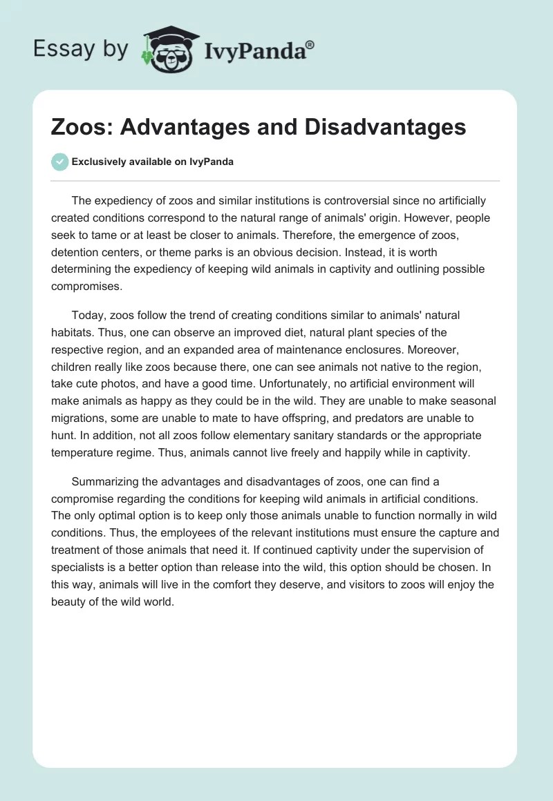 Zoos Advantages and Disadvantages 287 Words Essay Example