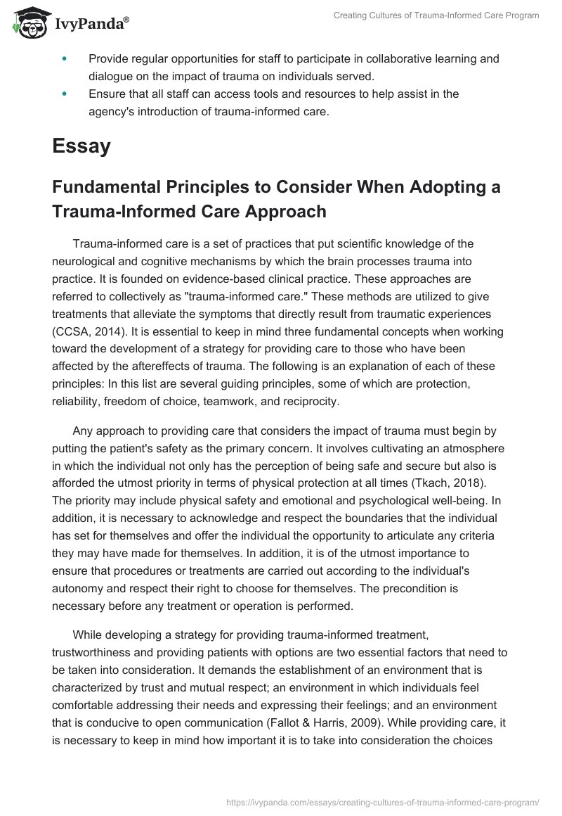 Creating Cultures of TraumaInformed Care Program 1272 Words Essay